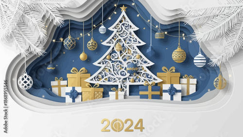 Elegant New Year 2024: Layered paper cut with presents, tree, ornaments and branches