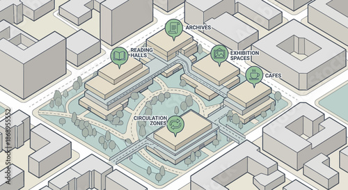 Isometric architectural system diagram of a modern urban campus with icons. Vector map illustration for city planning, infrastructure, and real estate development presentations.