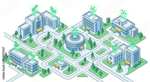 Isometric illustration of a smart hospital network and medical campus. Healthcare system diagram showing connected clinics, research, and sustainable technology icons.