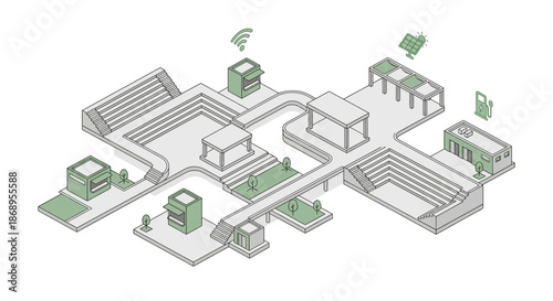 Isometric system diagram illustrating a connected business ecosystem with green technology icons. Minimalist line art for presentation and web design.
