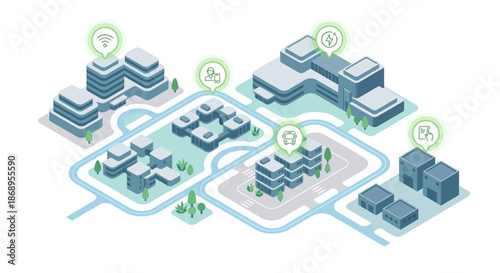 Isometric system diagram of a smart city showing connected infrastructure, transportation, and energy. Modern infographic concept.