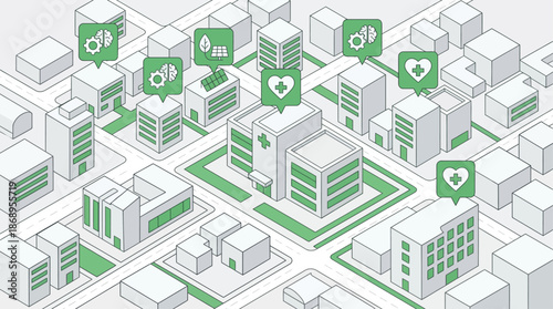 Isometric smart city diagram showing connected services like healthcare, technology, and green energy. Future urban planning and infrastructure concept.