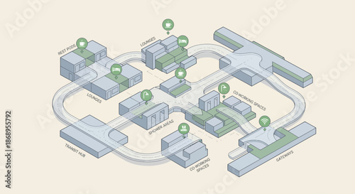 Isometric Transit Hub System Diagram for Airport or Transportation Center, Featuring Co-working Spaces, Lounges, and Rest Pods, Minimalist Technical Infrastructure Illustration