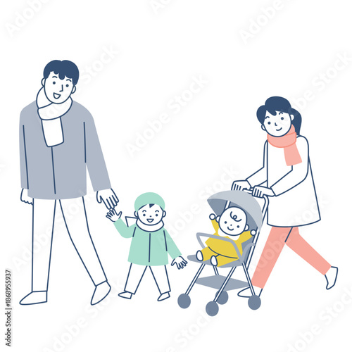 冬にお出かけする家族