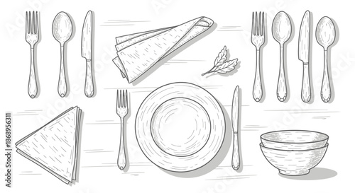 Hand-drawn sketch of various dining utensils and tableware including forks, spoons, knives, plates, bowls, and napkins on a wooden background.