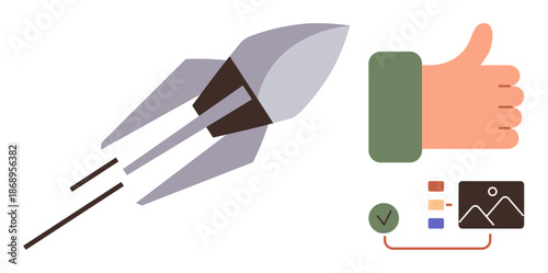 Business innovation, productivity growth, startup launch, project approval, workflow visualization, team success. Rocket launch, thumb up and workflow chart elements. Productivity and startup launch