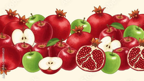 Whimsical still life arrangement of ripe pomegranates and crunchy apples seamless pattern