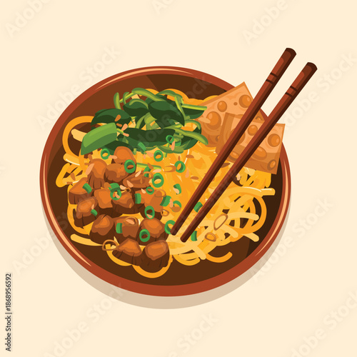 A flat illustration of Indonesian chicken noodles served with toppings and chopsticks, ideal for Asian food menus and street food promotions.