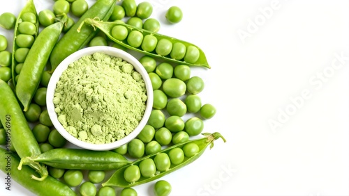 Green pea protein powder in the small bowl with fresh green peas and green pea pods 