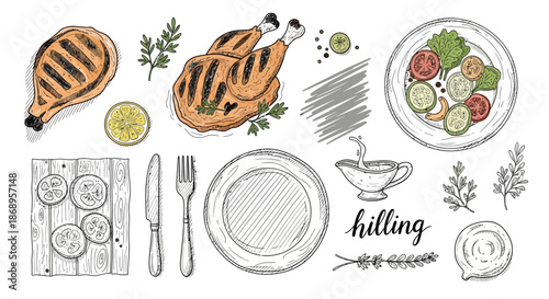 Hand-drawn collection of grilled chicken, steak, fresh salad, and dining elements on a white background, illustrated in a sketch style.