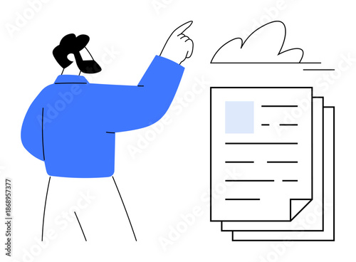Documentation, cloud storage, digital management, information organization, data access, office productivity. Person pointing at documents near a cloud symbol. Documentation and cloud storage concept