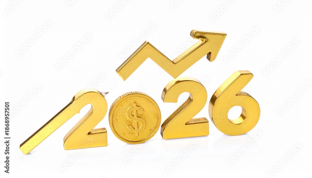 Obraz premium Golden Financial Outlook for 2026: The year 2026 takes center stage, marked by a shining, golden numeral alongside a currency coin and a soaring upward trend graph.