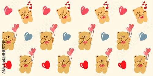 A seamless pattern of cute cartoon bears, decorated with pink hearts, flowers, and funny bear illustrations. Perfect for use as a vector wallpaper for children.