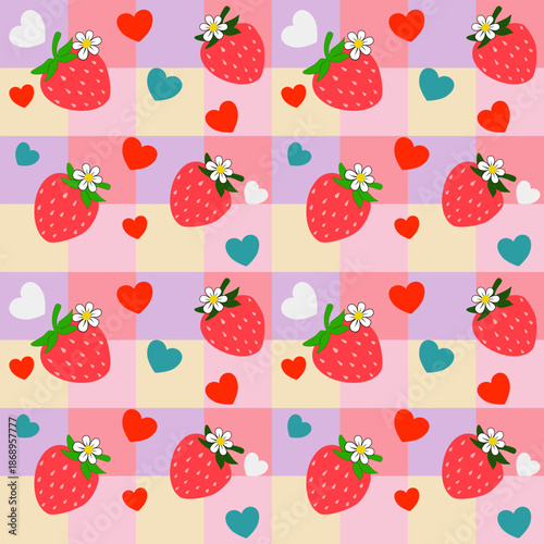 Seamless vector pattern with ripe red strawberries and green leaves for a sweet summer fruit food wallpaper design