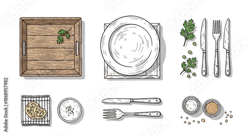 Collection of hand-drawn kitchen and dining essentials, including plates, cutlery, tray, herbs, and spices.