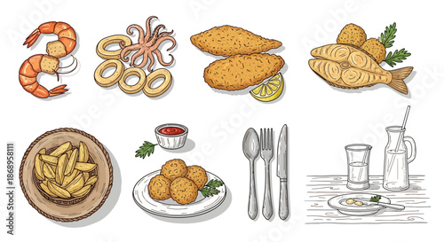 A collection of hand-drawn illustrations featuring various seafood dishes like shrimp, calamari, fried fish, and salmon, alongside french fries, fried balls, cutlery, and drinks.