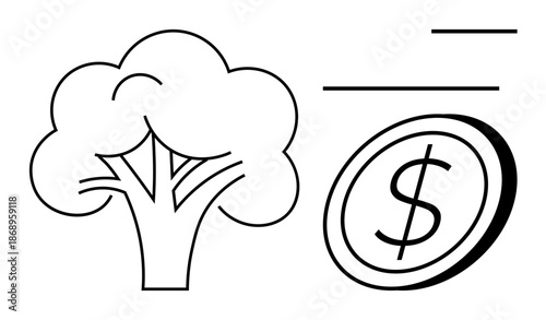 Sustainable growth, green economy, eco-investments, financial planning, environmental balance, and ecology. Outline of a tree with a coin. Sustainable growth and green economy concept