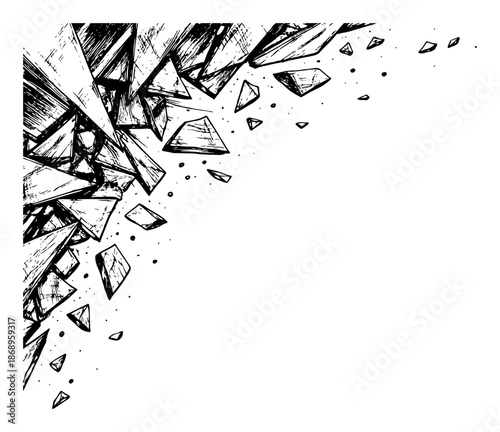 Abstract shattered glass corner with flying debris and sharp fragments in sketch style