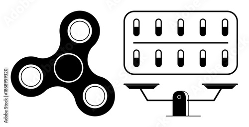 Stress management, mental health, decision-making, medication, balance, healthcare. A fidget spinner and scales with pills together. Stress relief and mental health balance concept