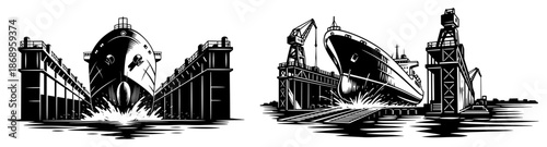 Ship construction in shipyard dry dock and launching vessel vector illustration