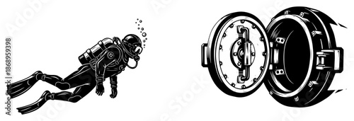 Scuba diver swimming underwater and open submarine hatch vector illustration