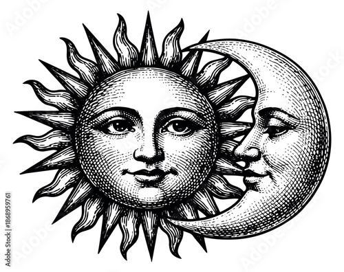 Vintage hand drawn illustration of the sun and crescent moon depicting celestial bodies with faces for astrology and mystical themes