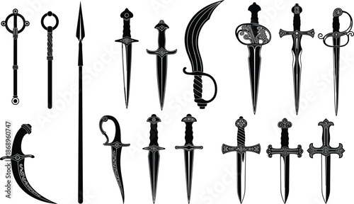 Decorative dagger and sword silhouettes set, medieval weapons collection, fantasy blades vector, black weapon icons isolated white background