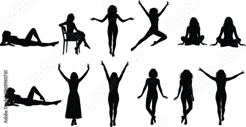 Female silhouette poses vector set, women body expressions collection, dancing sitting jumping figures, lifestyle action icons isolated
