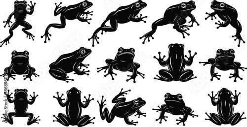 Frog silhouette vector set, jumping frog poses collection, amphibian animal illustration, black wildlife icons isolated white background