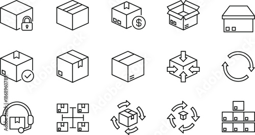 Logistics box outline icons set, packaging warehouse delivery symbols, shipping storage management, supply chain vector collection