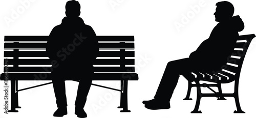 Man sitting on bench silhouette illustration, lonely thoughtful male figure, park outdoor seating scene isolated white background