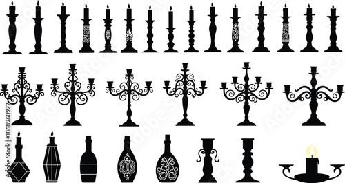 Vintage candle holder silhouettes set, ornate candelabra collection, antique decor elements, black decorative objects isolated on white
