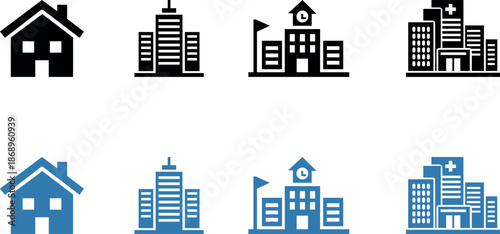 Building Typology Icon Set – Residential, Office, School and Hospital Buildings.