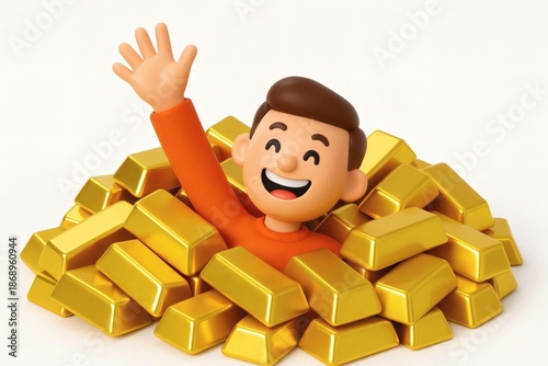 human figure pile gold bars happy sinking cartoon illustration treasure fortune wealth rich success