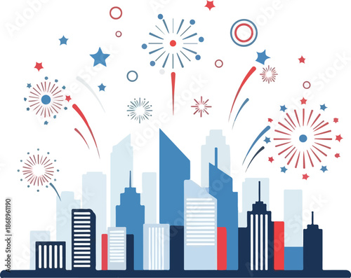 Cityscape Celebration Fireworks Display Over Urban Skyline