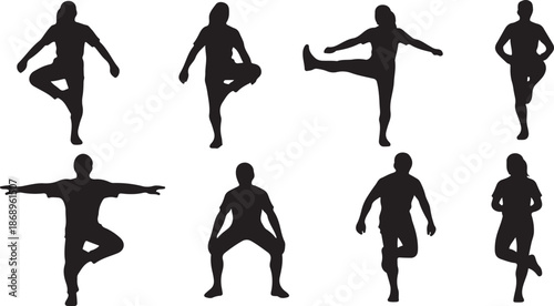 Silhouettes of people in various yoga poses