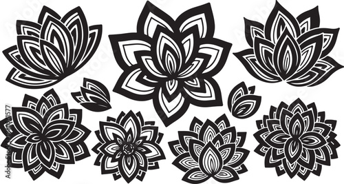 Black and White Lotus Flower Mandala Designs Set