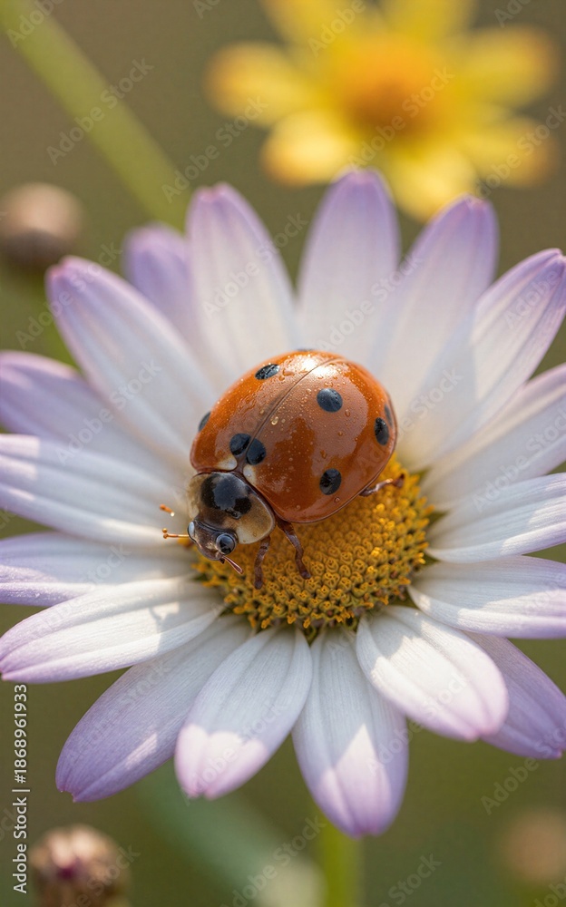 Fototapeta premium Ladybug rests on white daisy, vibrant yellow center, soft focus background.