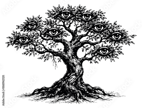 Line art illustration of a mystical tree with many eyes depicting spiritual insight for creative projects