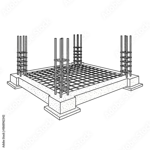 Reinforced concrete foundation slab with steel rebars.