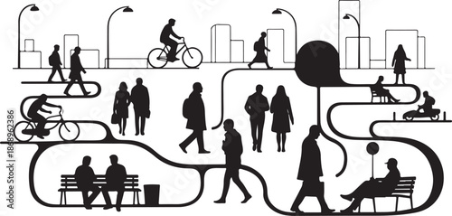 City Life Silhouettes in Urban Landscape Scene