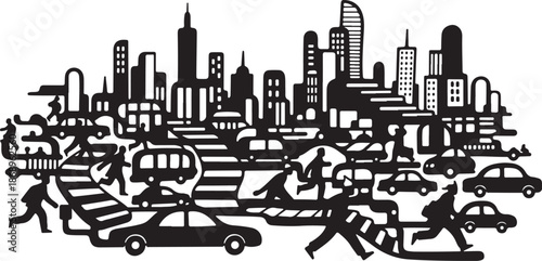 Busy city street with traffic and pedestrians moving quickly