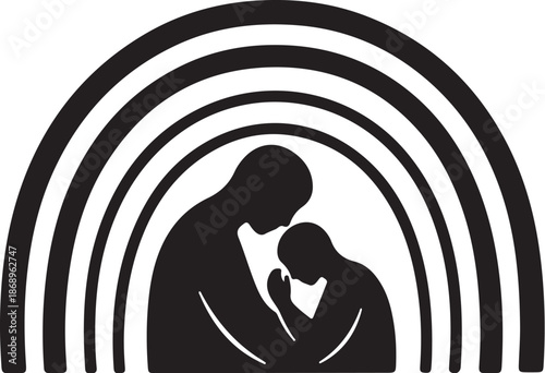 Mother comforting child in rainbow silhouette illustration