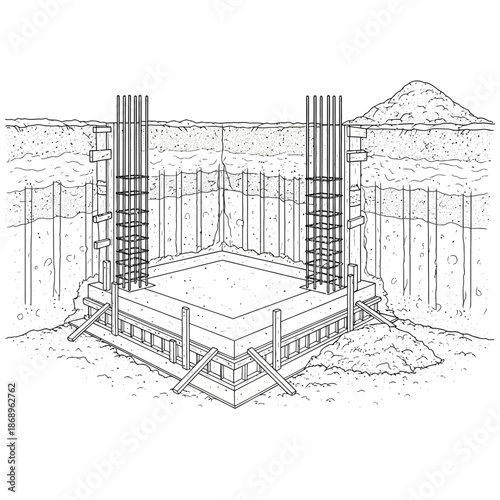 Construction foundation with rebar and pile foundation.