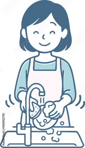 キッチンで笑顔で洗い物をするエプロン姿の女性のイラスト