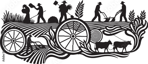 Farmers working in a field with a cart and animals