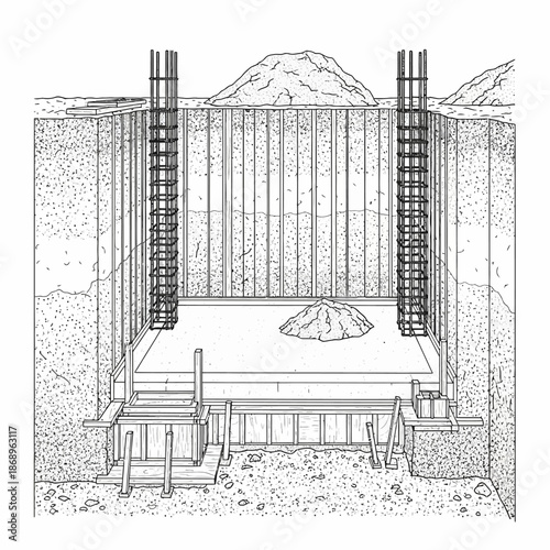 Underground Launch Facility Silo with Missile Military Base Technical Drawing.