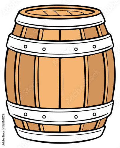 Vintage cartoon-styled wooden barrel with iron bands, container isolated on white, storage vessel design