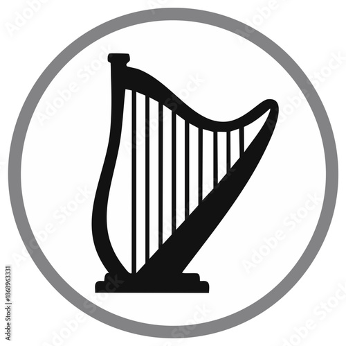 Elegant Harp Silhouette in Circle Frame Classic Musical Instrument Isolated