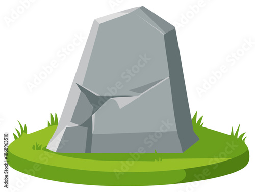 Cartoon illustration of a large gray stone on a grassy patch